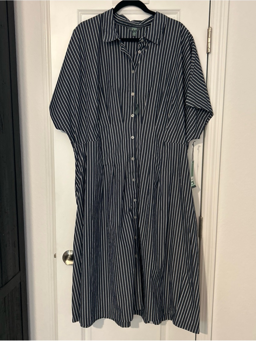 Terra & Sky Midi Fit/Flare Dress- 3X Navy Button Down Vertical Stripe- NWT